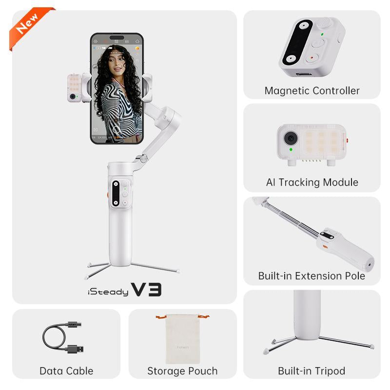 Hohem Isteady V3 New Gimbal Stabilizer for Smartiphone, 3-Axis Phone Gimbal, Magnetic AI Tracker, Built-In Extendable Rod & Tripod, Detachable Remote Control,Selfiestick,Autotracking Tripod,Phone Accessories,Cellphone Smartphone for Travel, Vlog, Tiktok