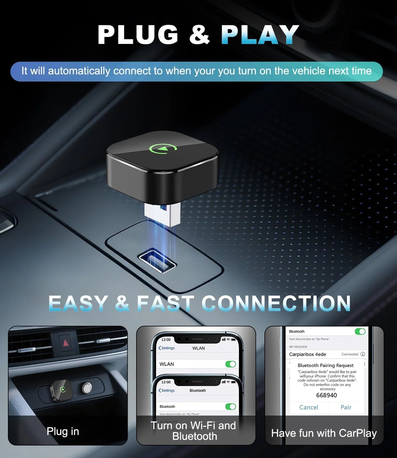 2025 Wireless Carplay Adapter for Apple, Upgrade Wired to Wireless, Mini Usb-C/Type-C Design, Plug and Play, No Delay Bluetooth+Wifi Stable Connection Car Play for Iphone