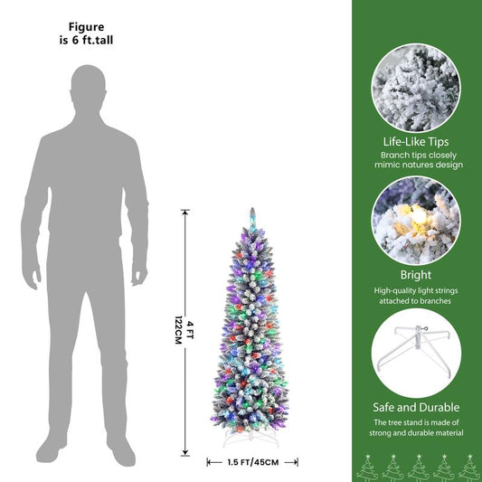 【RGB Lights】Shareconn 2025 4/5/6/7.5/9FT Pre-Lit Pencil Christmas Trees with Remote Control, Snow Flocked Deluxe Hinged Design, Ideal Xmas Decoration