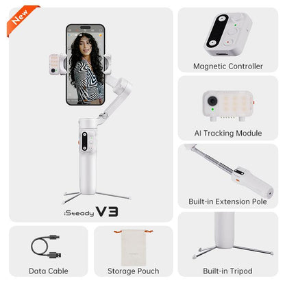 Hohem Isteady V3 New Gimbal Stabilizer for Smartiphone, 3-Axis Phone Gimbal, Magnetic AI Tracker, Built-In Extendable Rod & Tripod, Detachable Remote Control,Selfiestick，Autotracking Tripod，Phone Accessories，Cellphone Smartphone for Travel, Vlog, Tiktok