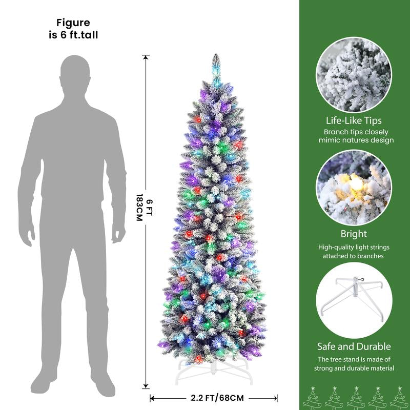【RGB Lights】Shareconn 2025 4/5/6/7.5/9FT Pre-Lit Pencil Christmas Trees with Remote Control, Snow Flocked Deluxe Hinged Design, Ideal Xmas Decoration