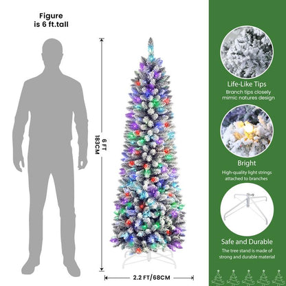 【RGB Lights】Shareconn 2025 4/5/6/7.5/9FT Pre-Lit Pencil Christmas Trees with Remote Control, Snow Flocked Deluxe Hinged Design, Ideal Xmas Decoration