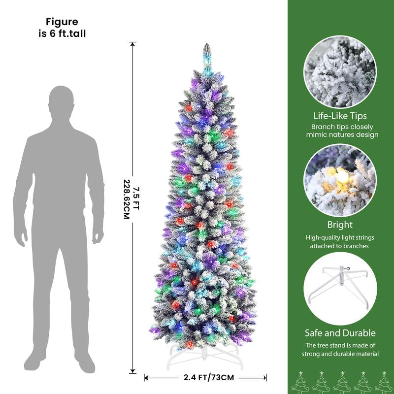 【RGB Lights】Shareconn 2025 4/5/6/7.5/9FT Pre-Lit Pencil Christmas Trees with Remote Control, Snow Flocked Deluxe Hinged Design, Ideal Xmas Decoration