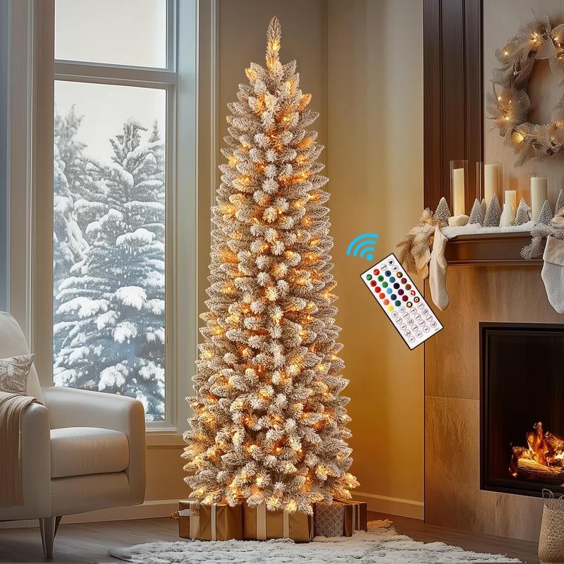 【RGB Lights】Shareconn 2025 4/5/6/7.5/9FT Pre-Lit Pencil Christmas Trees with Remote Control, Snow Flocked Deluxe Hinged Design, Ideal Xmas Decoration