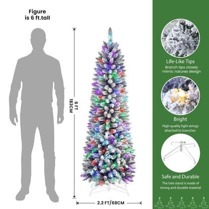 【RGB Lights】Shareconn 2025 4/5/6/7.5/9FT Pre-Lit Pencil Christmas Trees with Remote Control, Snow Flocked Deluxe Hinged Design, Ideal Xmas Decoration