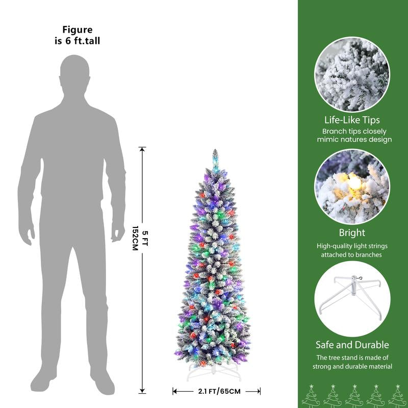 【RGB Lights】Shareconn 2025 4/5/6/7.5/9FT Pre-Lit Pencil Christmas Trees with Remote Control, Snow Flocked Deluxe Hinged Design, Ideal Xmas Decoration