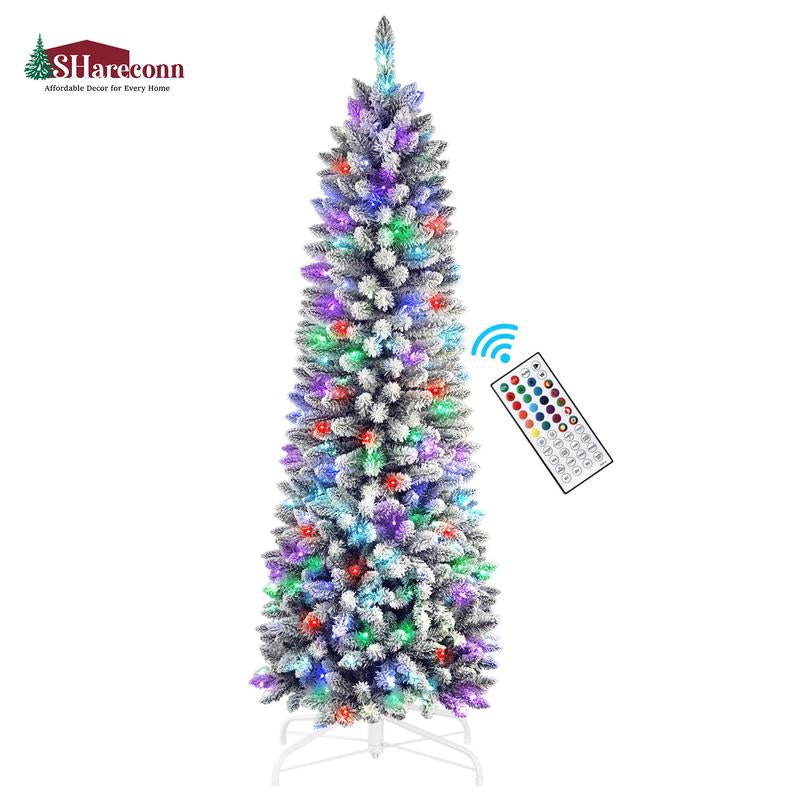 【RGB Lights】Shareconn 2025 4/5/6/7.5/9FT Pre-Lit Pencil Christmas Trees with Remote Control, Snow Flocked Deluxe Hinged Design, Ideal Xmas Decoration