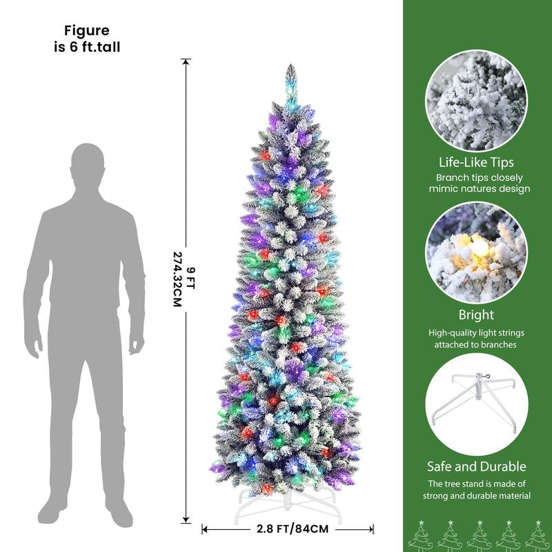 【RGB Lights】Shareconn 2025 4/5/6/7.5/9FT Pre-Lit Pencil Christmas Trees with Remote Control, Snow Flocked Deluxe Hinged Design, Ideal Xmas Decoration