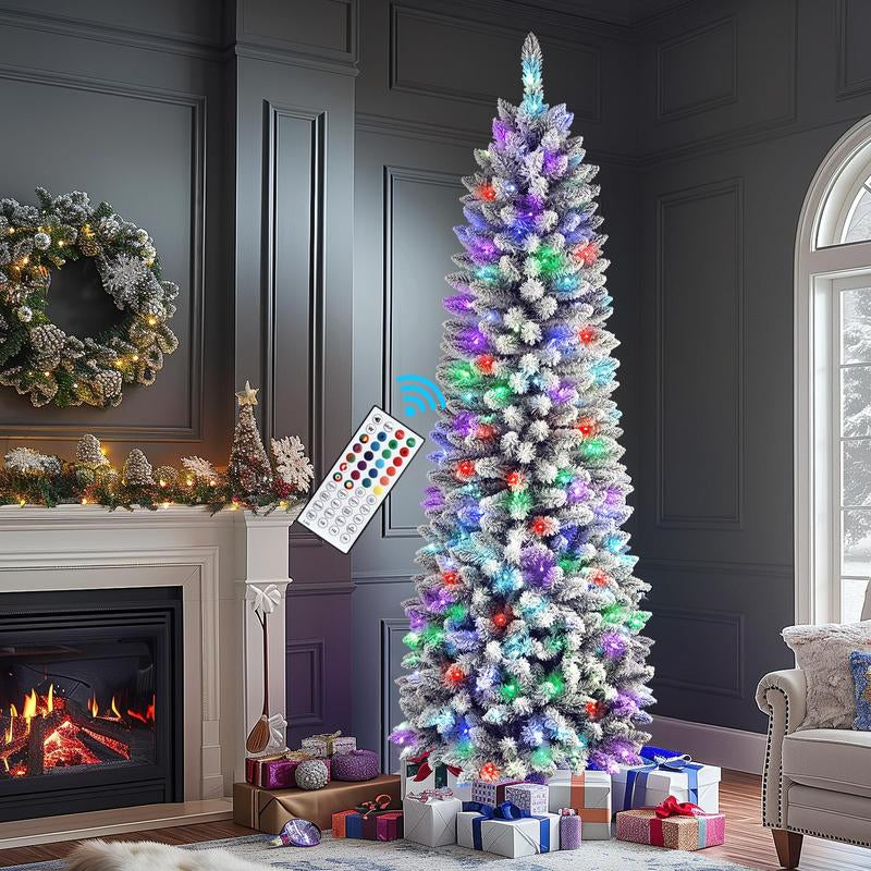 【RGB Lights】Shareconn 2025 4/5/6/7.5/9FT Pre-Lit Pencil Christmas Trees with Remote Control, Snow Flocked Deluxe Hinged Design, Ideal Xmas Decoration