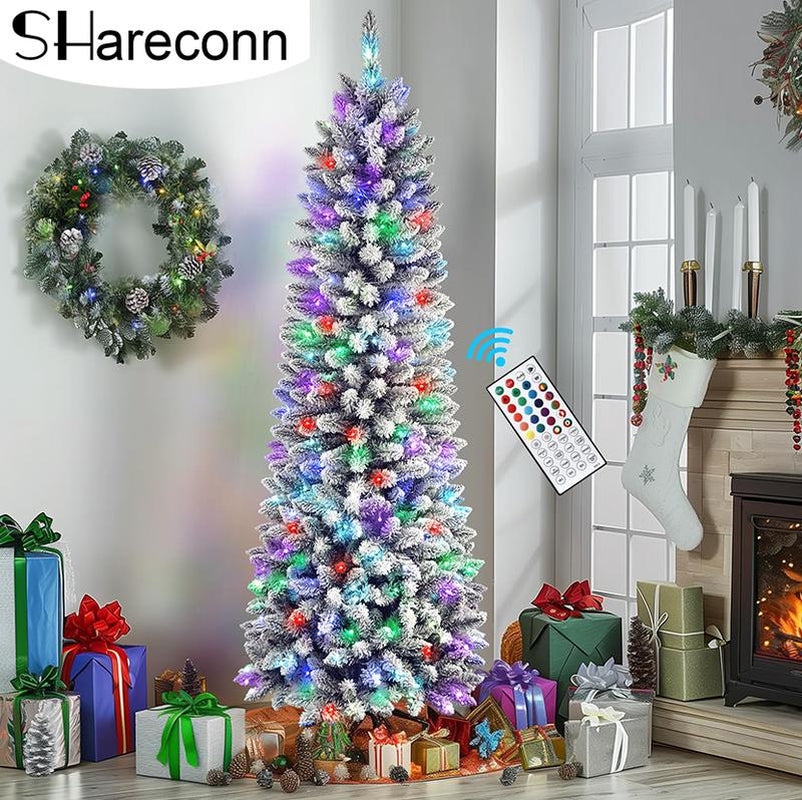 【RGB Lights】Shareconn 2025 4/5/6/7.5/9FT Pre-Lit Pencil Christmas Trees with Remote Control, Snow Flocked Deluxe Hinged Design, Ideal Xmas Decoration