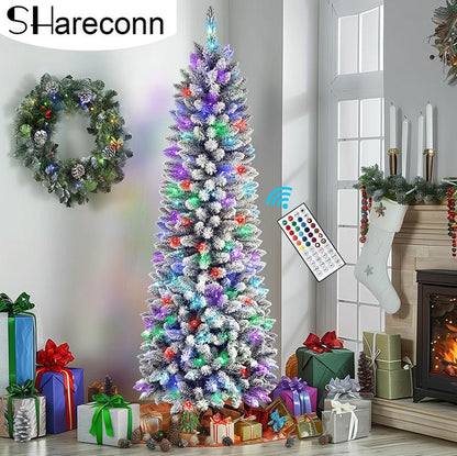 【RGB Lights】Shareconn 2025 4/5/6/7.5/9FT Pre-Lit Pencil Christmas Trees with Remote Control, Snow Flocked Deluxe Hinged Design, Ideal Xmas Decoration