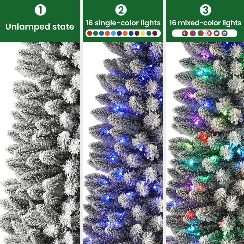 【RGB Lights】Shareconn 2025 4/5/6/7.5/9FT Pre-Lit Pencil Christmas Trees with Remote Control, Snow Flocked Deluxe Hinged Design, Ideal Xmas Decoration