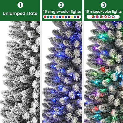 【RGB Lights】Shareconn 2025 4/5/6/7.5/9FT Pre-Lit Pencil Christmas Trees with Remote Control, Snow Flocked Deluxe Hinged Design, Ideal Xmas Decoration