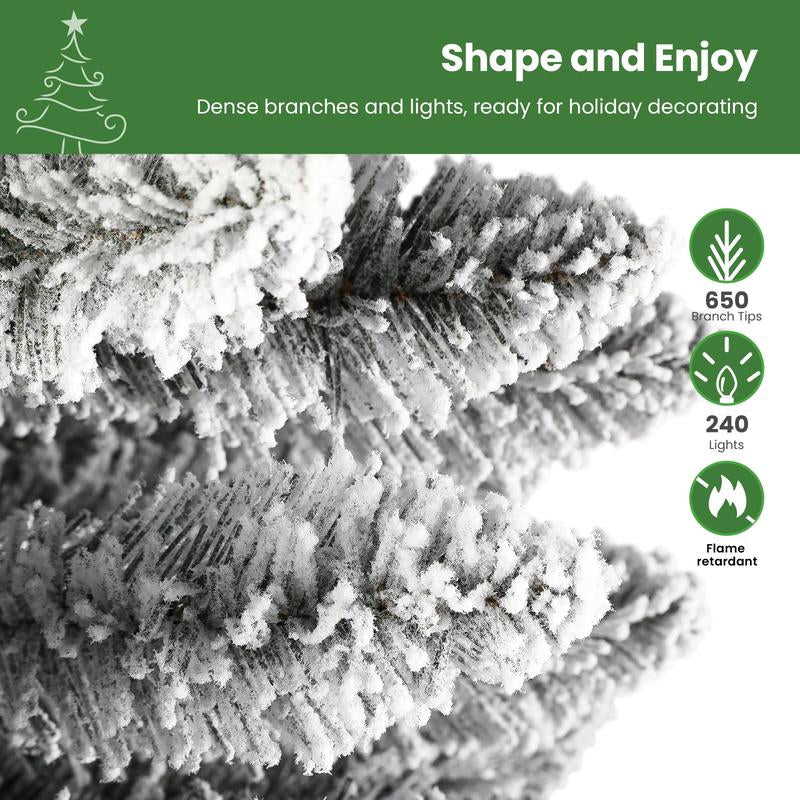 【RGB Lights】Shareconn 2025 4/5/6/7.5/9FT Pre-Lit Pencil Christmas Trees with Remote Control, Snow Flocked Deluxe Hinged Design, Ideal Xmas Decoration