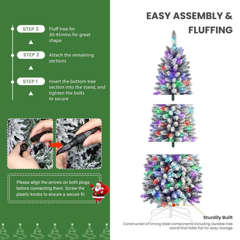 【RGB Lights】Shareconn 2025 4/5/6/7.5/9FT Pre-Lit Pencil Christmas Trees with Remote Control, Snow Flocked Deluxe Hinged Design, Ideal Xmas Decoration